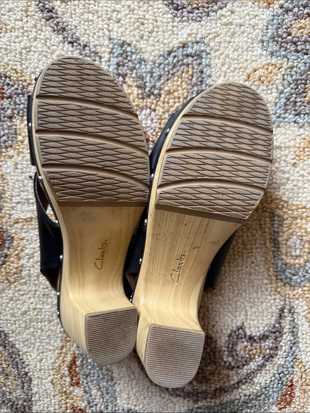 Clarks Black Leather Crossover Sandal with Wood Heel